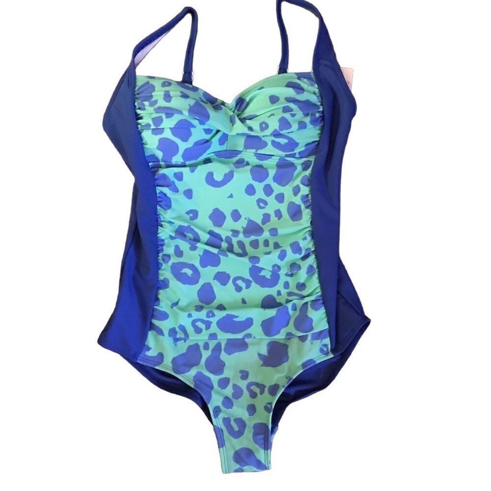 Romenza Targo one piece swimsuit bathing suit blue leopard print Size Small New